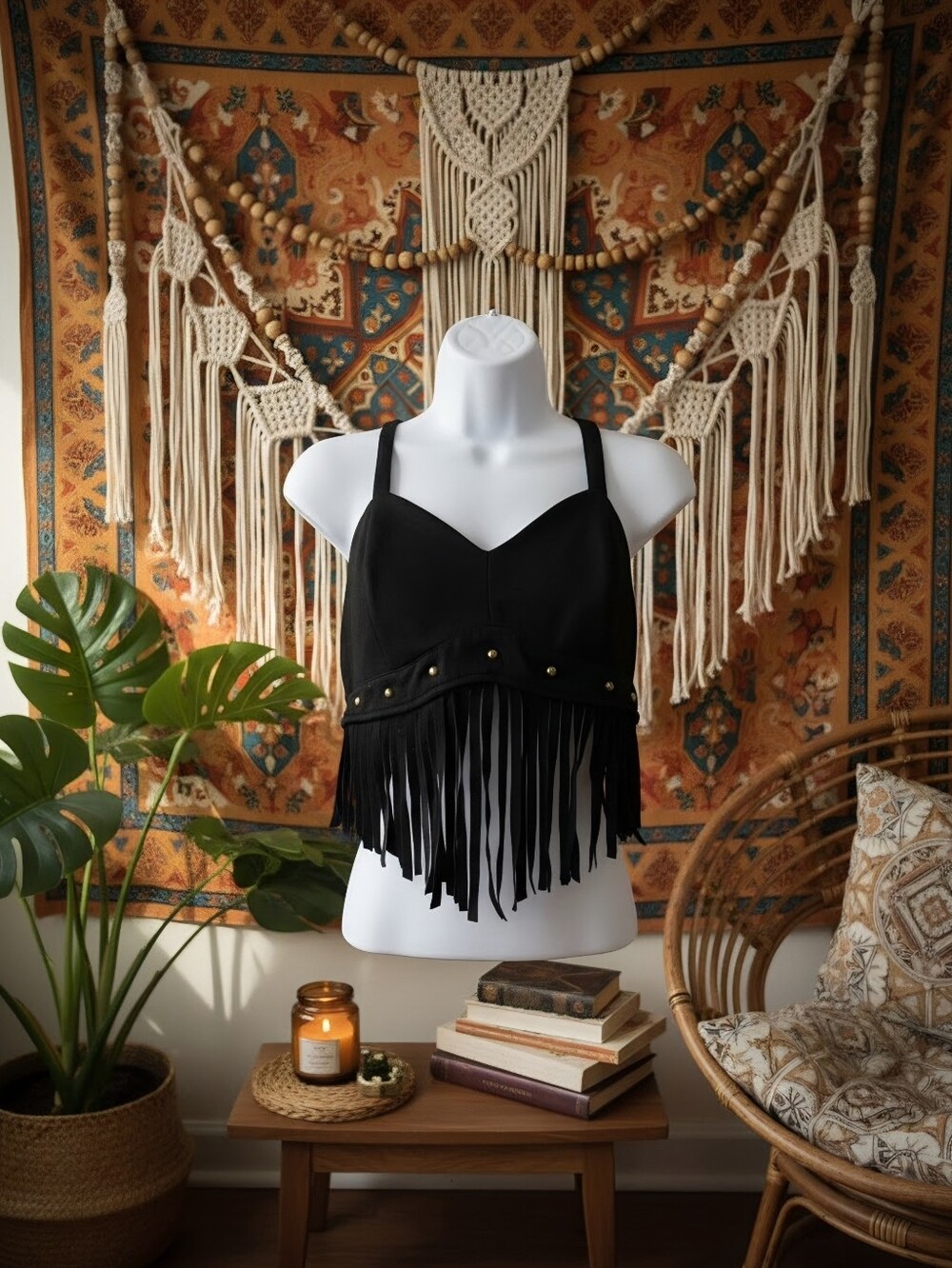 SHEIN Black Studded Fringe Crop Top
